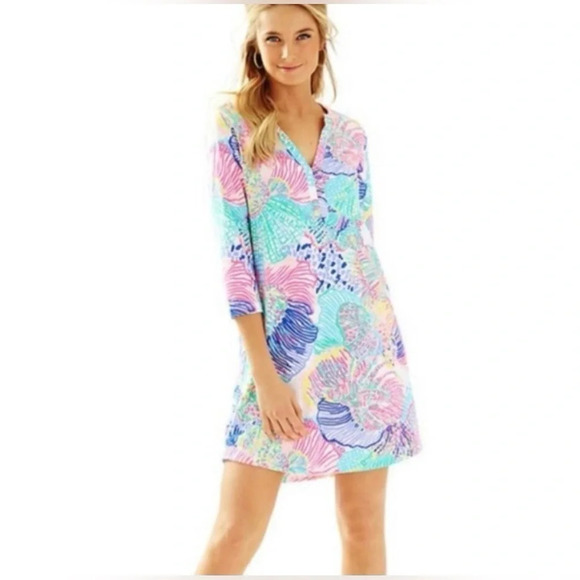Lilly Pulitzer Ali Dress Pink Roar of The Seas, Pima Cotton V Neck - Picture 1 of 7